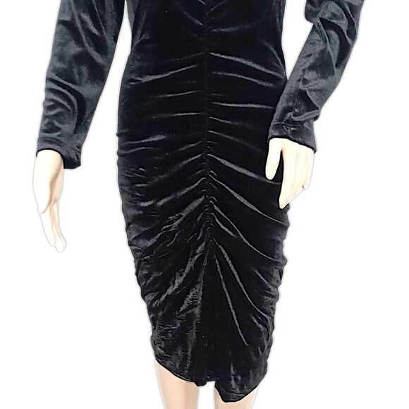 Witchy Ruched Velvet Midi Dress S Black Textured Long Sleeve Goth Sexy Romantic - Picture 3 of 16